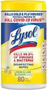 DESCRIPTION: (4) CONTAINERS OF (80) DISINFECTING WIPES BRAND/MODEL: LYSOL INFORMATION: LEMON AND LIME BLOSSOM SCENT RETAIL$: $8.00 EA QTY: 4