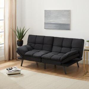 DESCRIPTION: MEMORY FOAM FUTON BLACK FAUX SUEDE FABRIC BRAND/MODEL: MAINSTAYS RETAIL$: $195.00 SIZE: 72"X34"X32" QTY: 1