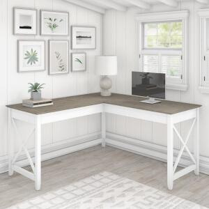 DESCRIPTION: KEY WEST L-SHAPED DESK IN PURE WHITE AND SHIPLAP GRAY BRAND/MODEL: BUSH FURNITURE RETAIL$: $285.00 SIZE: 60"X60" QTY: 1