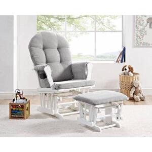 DESCRIPTION: WINDSOR GLIDER AND OTTOMAN IN WHITE FINISH WITH GRAY CUSHIONS BRAND/MODEL: ANGEL LINE RETAIL$: $139.99 QTY: 1