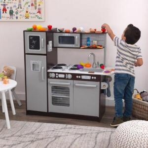 DESCRIPTION: UPTOWN ESPRESSO WOODEN PLAY KITCHEN WITH CHALKBOARD AND 30PC PLAY FOOD ACCESSORIES BRAND/MODEL: KIDKRAFT RETAIL$: $199.99 QTY: 1