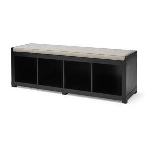 DESCRIPTION: 4-CUBE ORGANIZER STORAGE BENCH IN BLACK BRAND/MODEL: BETTER HOMES & GARDENS RETAIL$: $149.32 SIZE: 17.99"X58.39"X19.92" QTY: 1