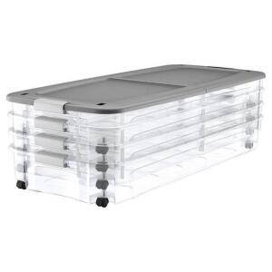 DESCRIPTION: 4CT SET OF 68 QT. UNDERBED LOCKING HINGED LID WITH 360-DEGREE SWIVEL WHEELS BRAND/MODEL: BELLA STORAGE RETAIL$: $35.61 QTY: 1