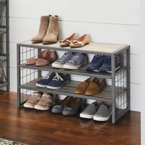 DESCRIPTION: DECORATIVE GUNMETAL GREY WOOD AND METAL SHOE RACK BRAND/MODEL: BETTER HOMES & GARDENS RETAIL$: $34.97 SIZE: 30"X12"X18" QTY: 1