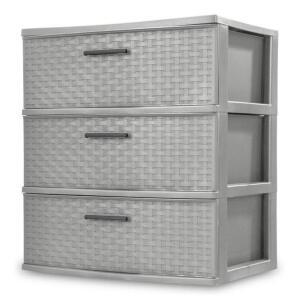 DESCRIPTION: 3-DRAWER WIDE WEAVE TOWER PLASTIC INS CEMENT BRAND/MODEL: STERILITE RETAIL$: $29.00 SIZE: 15-7/8"X21-7/8"X24" QTY: 1