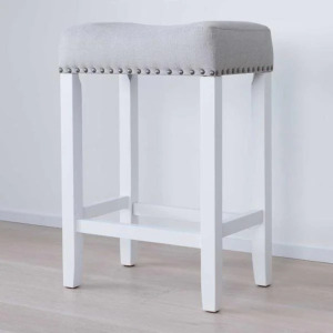 DESCRIPTION: HYLIE 24" GRAY FABRIC CUSHION WHITE FINISH NAILHEAD WOOD PUB-HEIGHT COUNTER BAR STOOL BRAND/MODEL: NATHAN JAMES RETAIL$: $79.19 QTY: 1