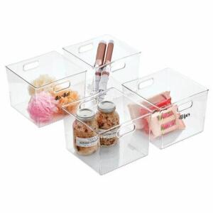 DESCRIPTION: 4CT PACK OF CLEAR BATHROOM STOARGE BINS BRAND/MODEL: MDESIGN RETAIL$: $35.99 QTY: 1