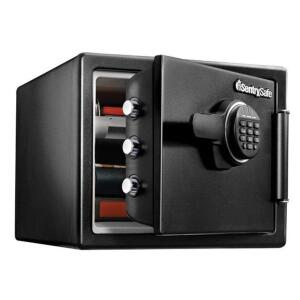 DESCRIPTION: FIRE-RESISTANT SAFE WITH DIGITAL KEYPAD BRAND/MODEL: SENTRYSAFE RETAIL$: $136.40 SIZE: 13.7"X16.3"X19.3" QTY: 1