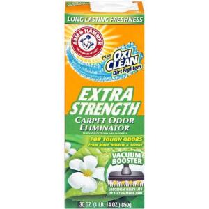 DESCRIPTION: (6) 30 OZ. BOXES OF EXTRA STRENGTH CARPET ODOR ELIMINATOR BRAND/MODEL: ARM & HAMMER RETAIL$: $1.64 EACH QTY: 6