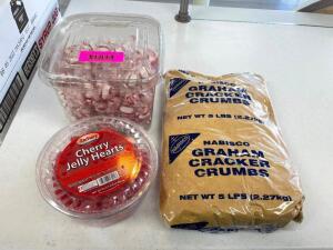 (3) CONTAINERS OF ASSORTED FOOD PRODUCT. MINTS, JELLY HEARTS, GRAHAM CRUMBS