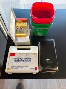 (1) LOT OF FIRST AID ITEMS AND CLEANING ITEMS.